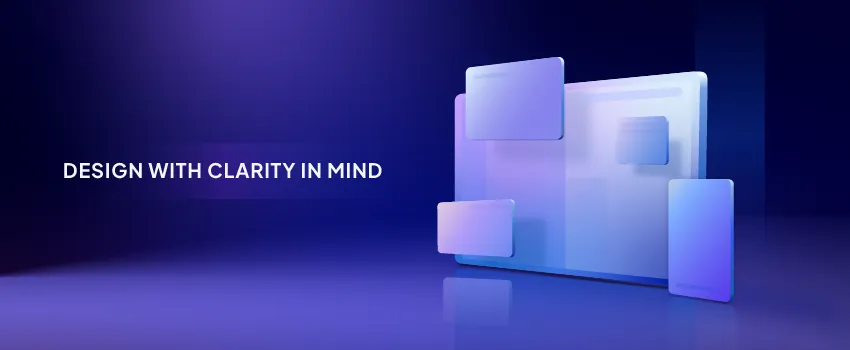 Abstract 3D UI elements floating over a dark purple background with the text "Design with Clarity in Mind.