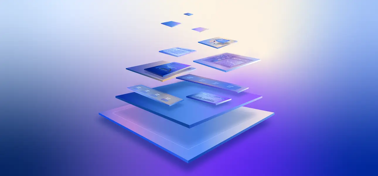 Layered SaaS interface screens illustrating product architecture and demo video workflows